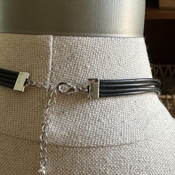 Iridescent Cabochon Necklace, Black Leather Cord - Picture 8 of 8